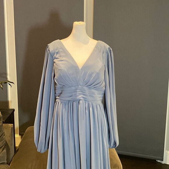 Women’s V-Neck Chiffon Full Length Bridesmaid Dress Corset Back Leg Slit Size 14 - Picture 4 of 13